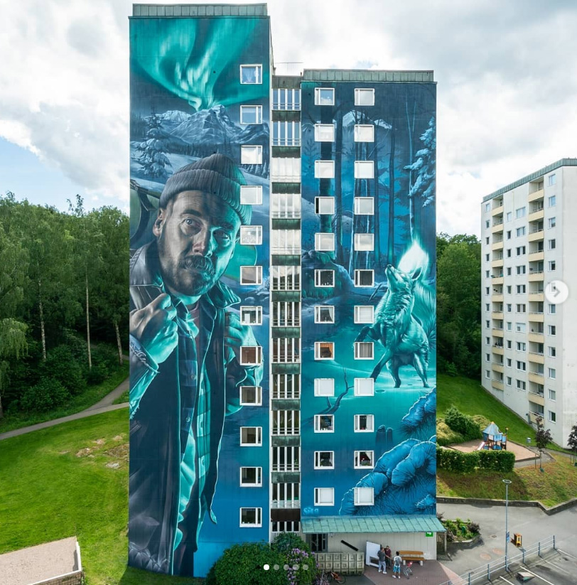 Graffiti gigante em prédio de SmugOne, Projeto Arscape, em Partille, Gotemburgo.